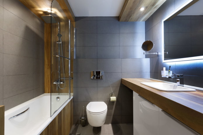 Intérieur de salle de bain dans les tons gris-brun