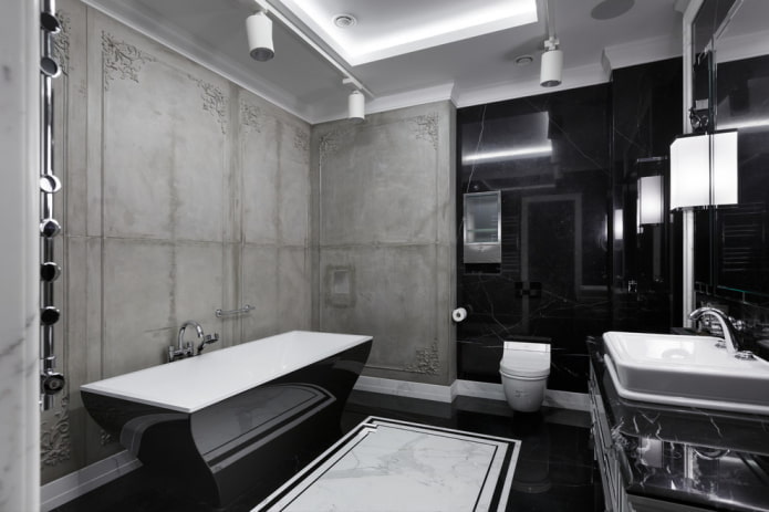 Intérieur de salle de bain dans les tons noirs et gris