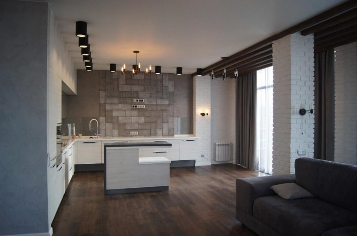 Cuisine de style loft avec plusieurs types de briques