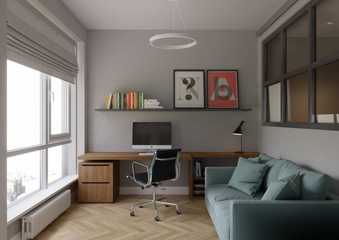 Intérieur de bureau avec parquet clair et murs gris