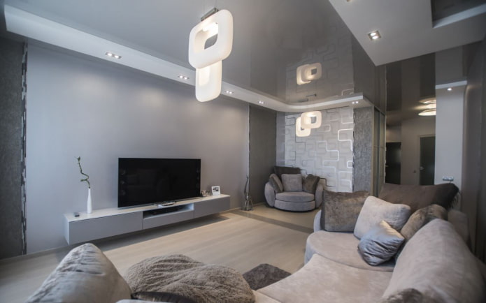 Plafond tendu gris dans le salon