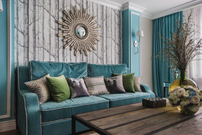 Décoration intérieure dans les tons gris et turquoise