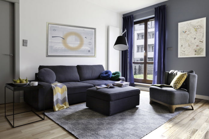 Décoration intérieure dans les tons gris et bleu