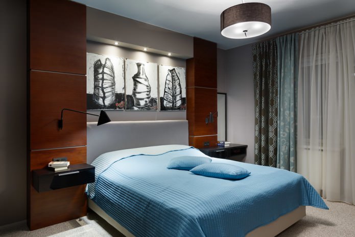 intérieur de chambre turquoise et marron avec rideaux doubles et tulle