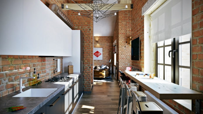 Stores enrouleurs dans la cuisine de style loft