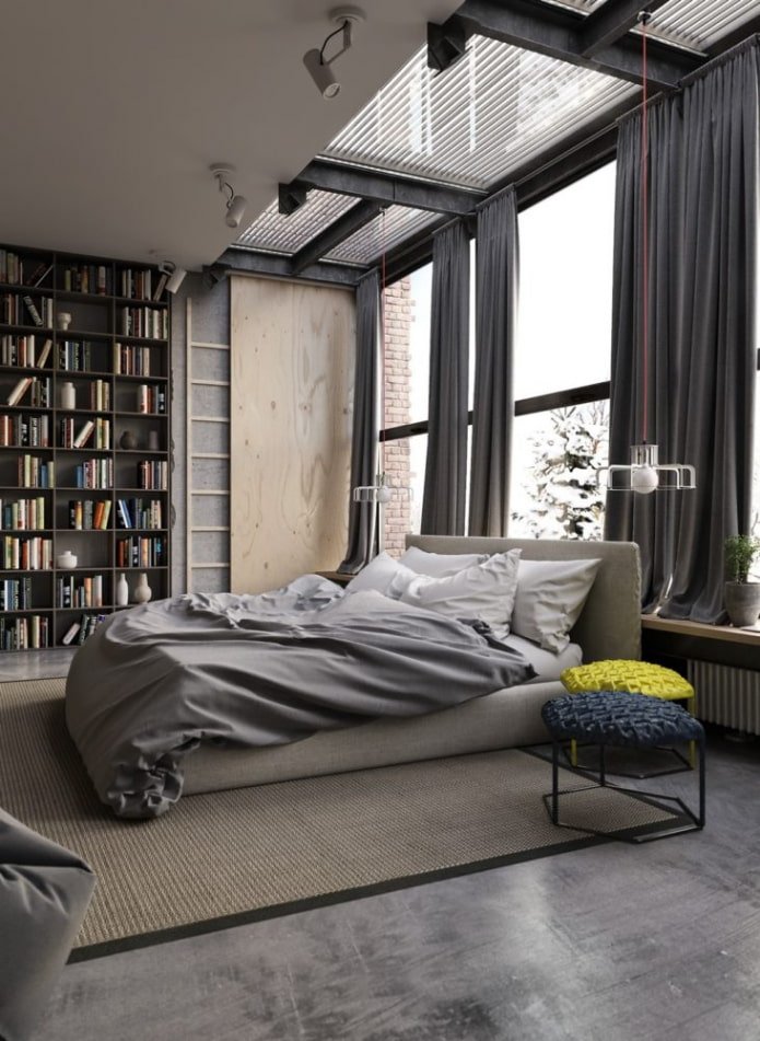 rideaux dans la chambre de style loft