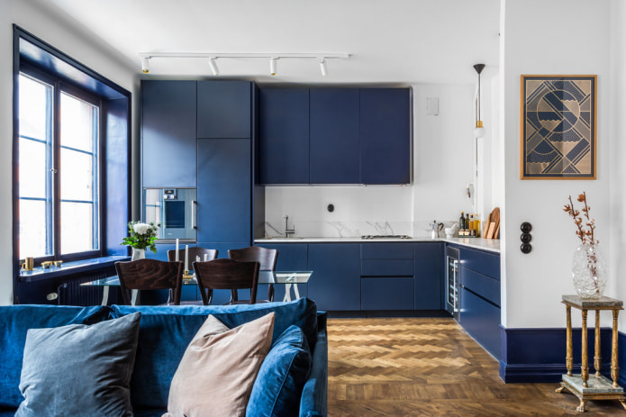 minimalist kitchen-studio in blue