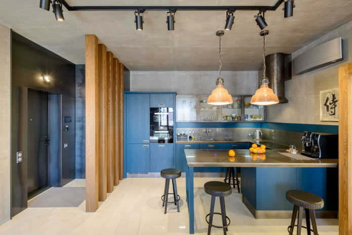 Cuisine aux tons bleus de style loft