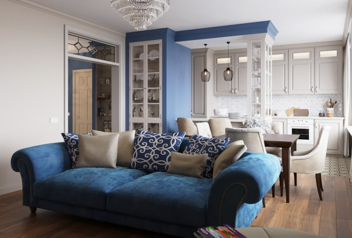 Intérieur cuisine-salon dans les tons bleus