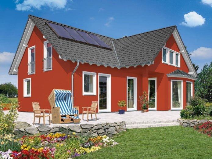 maison rouge avec un toit gris