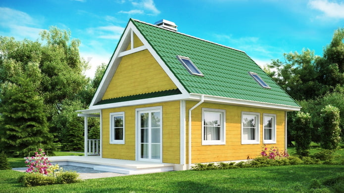 maison de campagne jaune avec un toit vert vif