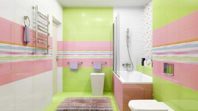 blanc, vert clair, rose et bleu dans la décoration de la salle de bain
