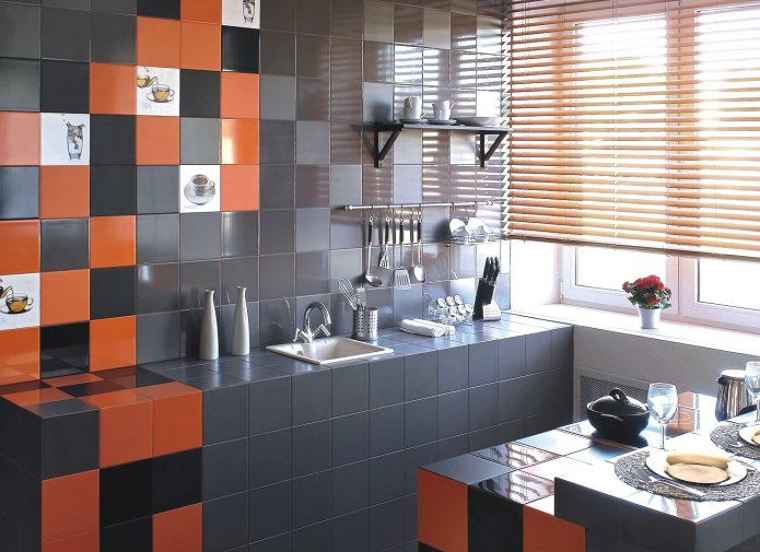 noir, blanc, gris et orange dans la décoration de la cuisine