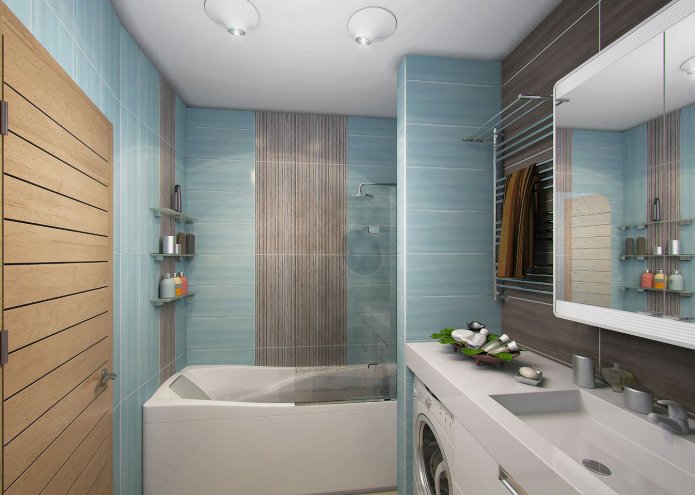couleurs bleu, beige et gris-marron dans la décoration de la salle de bain