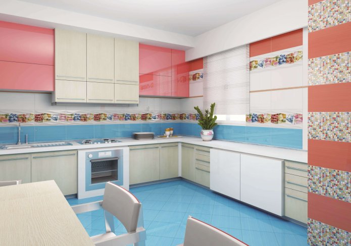 Rayures à motifs dans une cuisine blanche, pêche et bleue