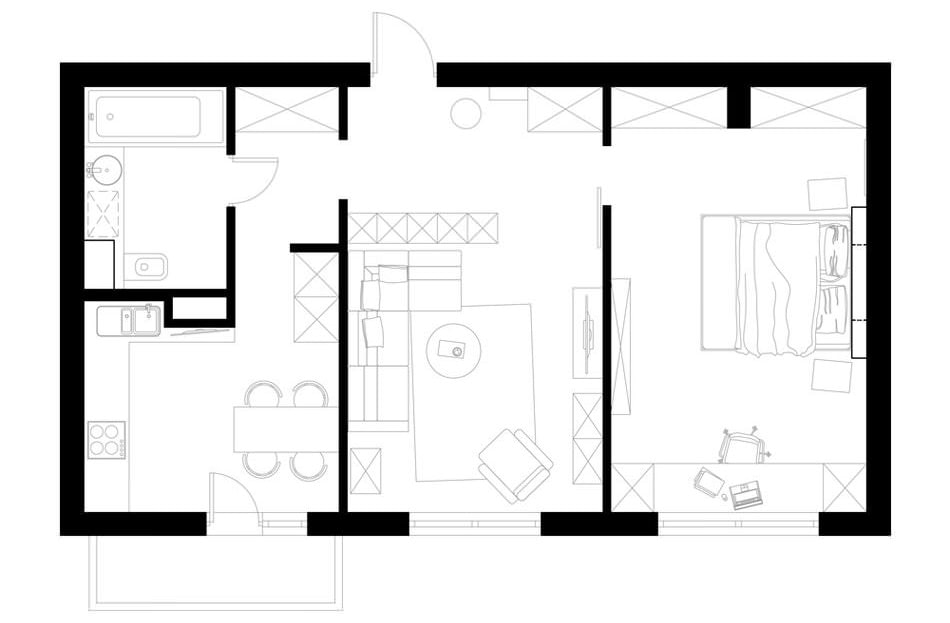 Agencement d'un deux-pièces de 57 m².