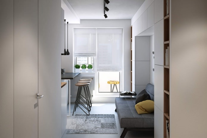 conception d'une cuisine-salon dans un appartement d'une pièce de 43 m².