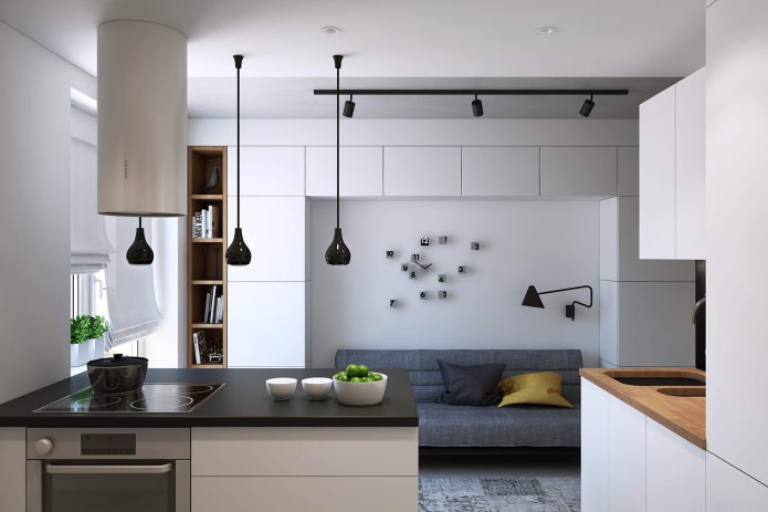 Aménagement cuisine-salon dans un studio de 43 m².