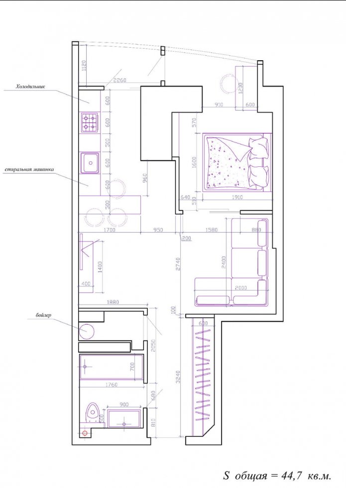 agencement d'un appartement d'une pièce de 45 m².
