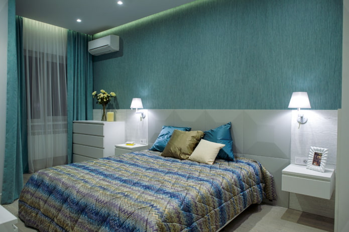 Intérieur de chambre gris et turquoise