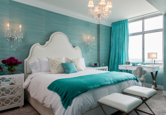 meubles à l'intérieur d'une chambre turquoise