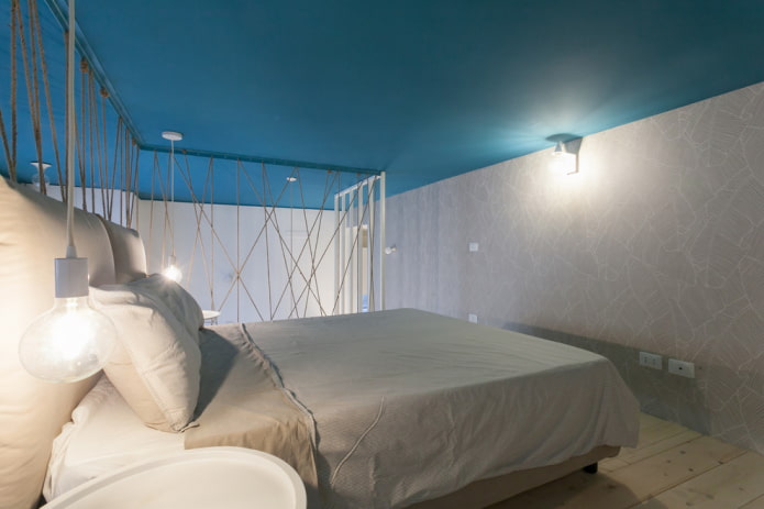 Intérieur de chambre gris et turquoise