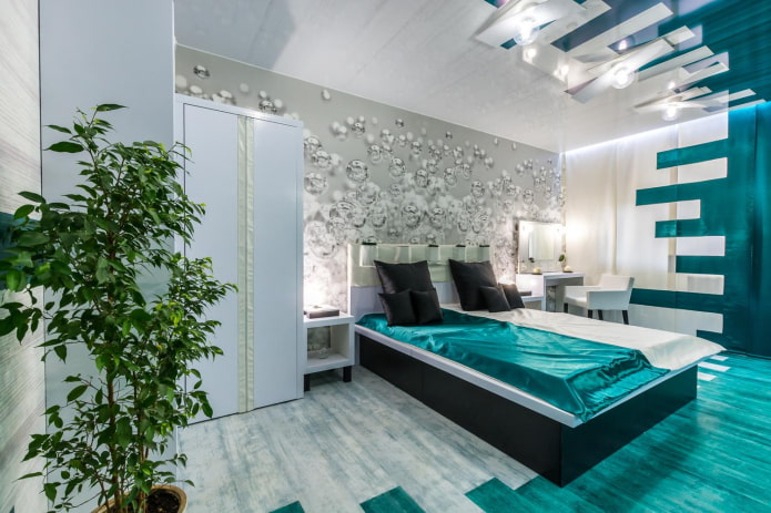 Intérieur d'une chambre blanche et turquoise