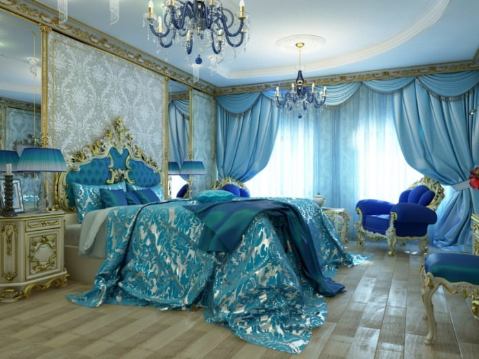 Intérieur de chambre aux nuances dorées et bleues
