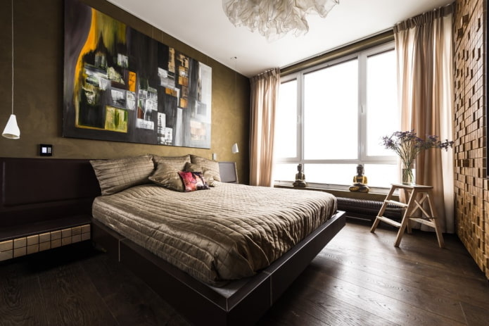 Décoration et éclairage dans une chambre marron