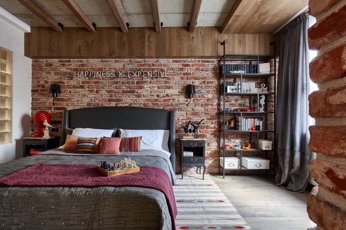 Textiles et décoration dans une chambre de style industriel
