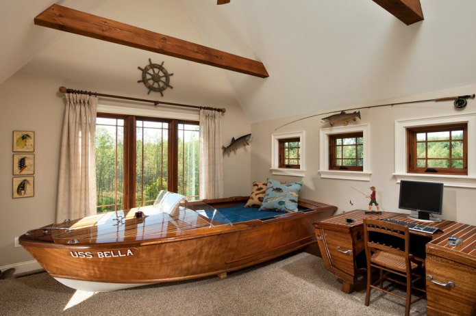 intérieur d'une chambre de garçon dans un style pêche