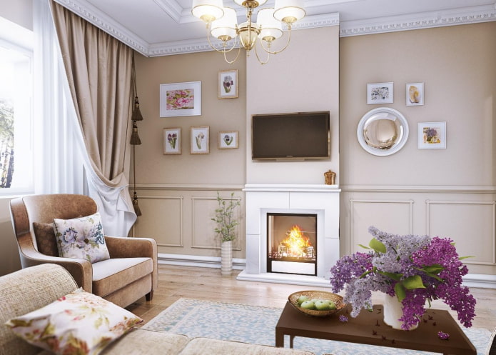 Panneau TV au-dessus de la cheminée dans un intérieur de style provençal