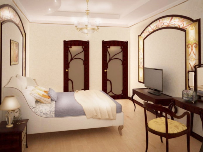 TV dans l'intérieur de la chambre à coucher dans le style Art Nouveau