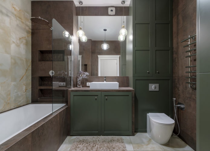 meubles vert foncé dans la salle de bain
