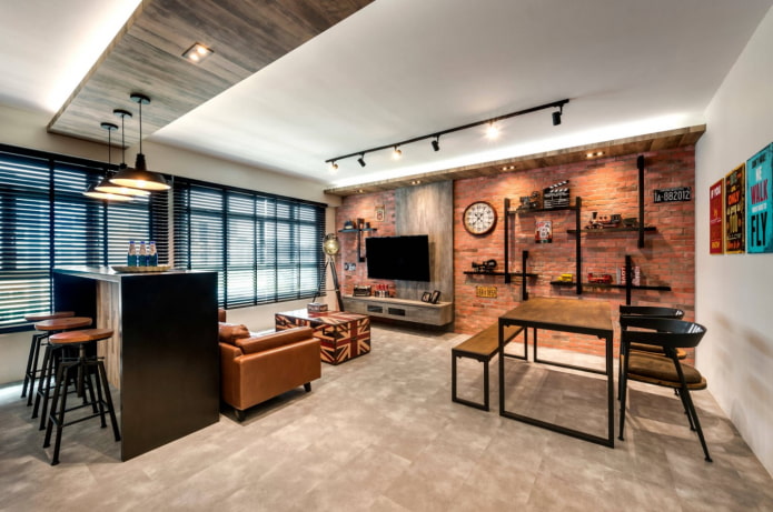 Lampes sur rail dans le salon style loft
