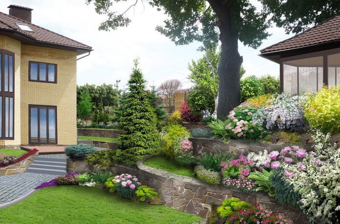 Jardin fleuri à plusieurs niveaux près d'une maison de campagne