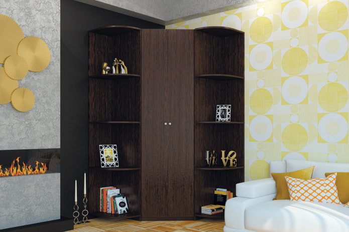 Armoire d'angle de couleur wengé dans le salon