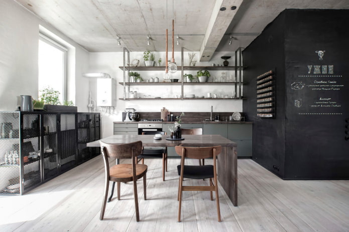 Plafond en béton dans une cuisine