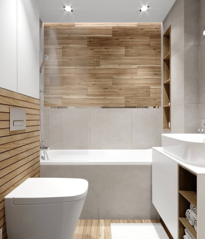 Carrelage horizontal aspect bois dans une petite salle de bain