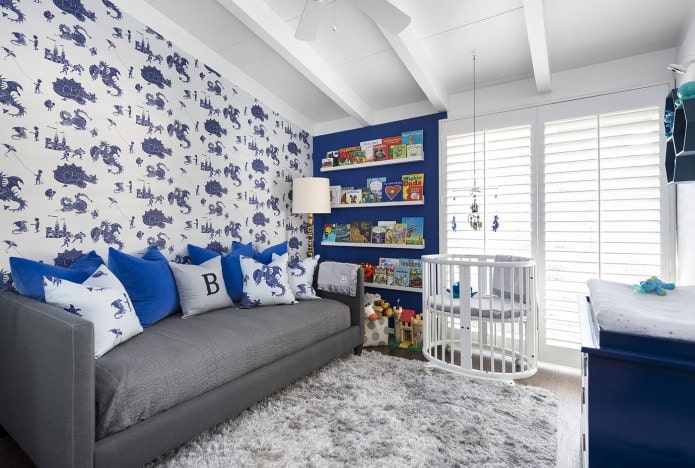 papier peint blanc et bleu pour une chambre de garçon