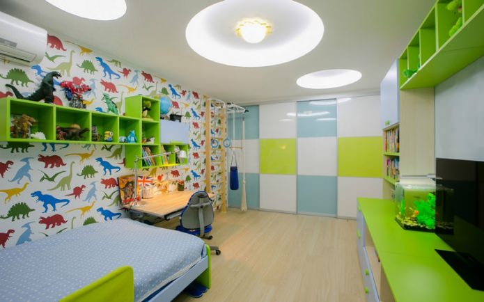 Fond d'écran avec des dinosaures dans une chambre d'enfant pour un garçon de 3 à 6 ans