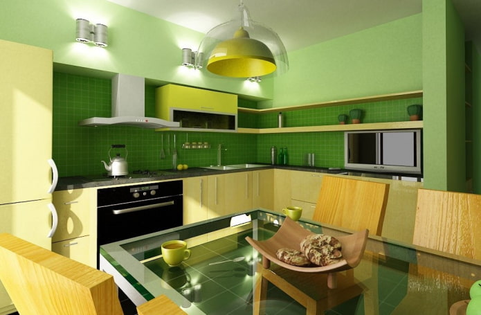 Intérieur de cuisine dans les tons jaune-vert