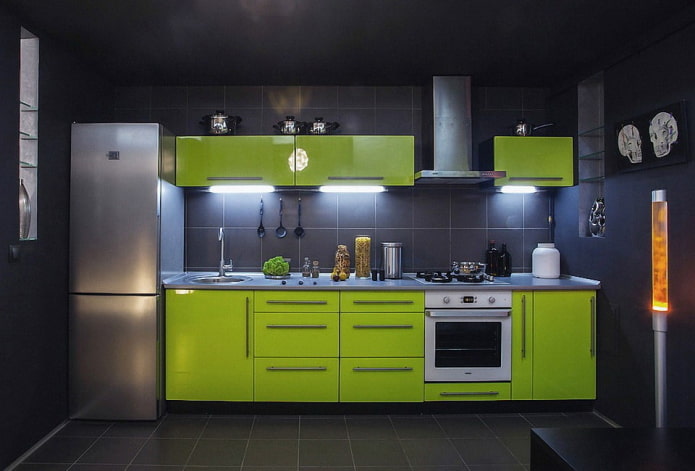 Intérieur de cuisine dans les tons noir et vert