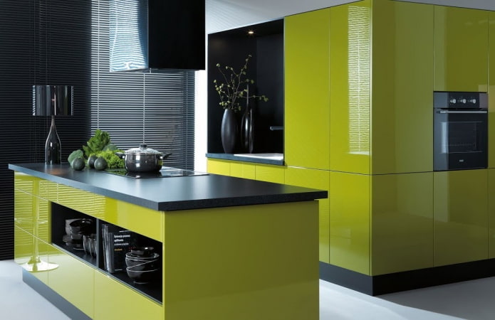 Intérieur de cuisine dans les tons noir et vert
