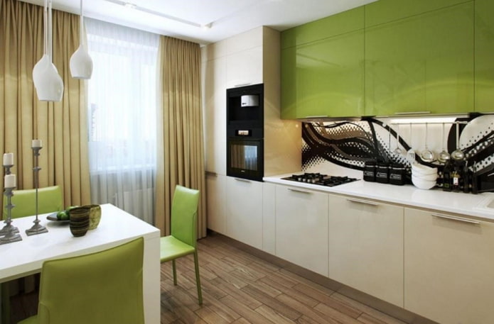 Intérieur de cuisine dans les tons beige et vert