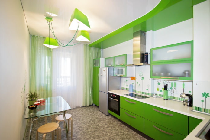 Structure de plafond blanc et vert dans la cuisine