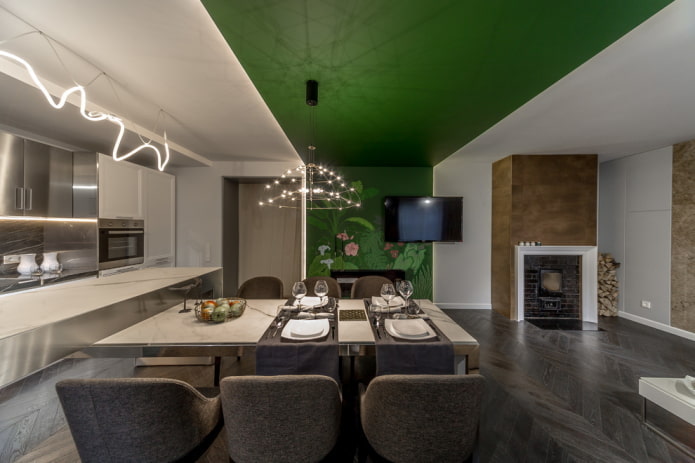 Structure de plafond blanche et verte dans la cuisine