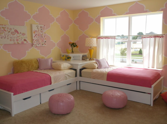 Papier peint jaune et rose dans la chambre de bébé