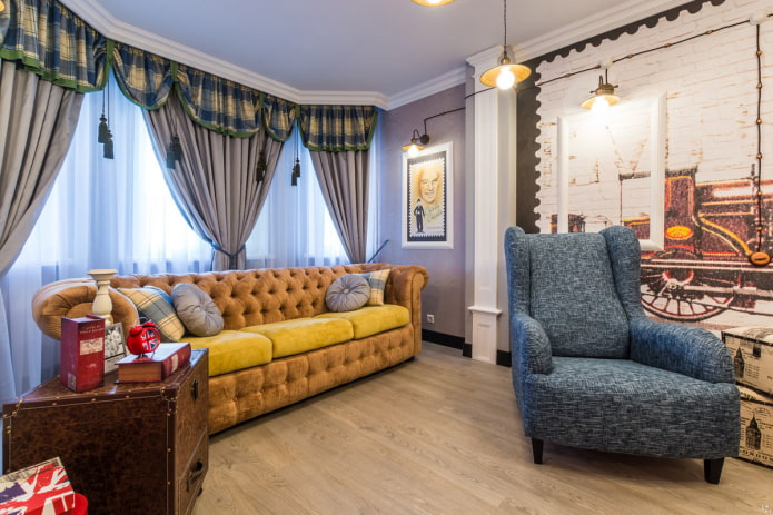 Canapé Chesterfield jaune à l'intérieur