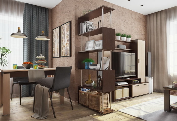 Zonage avec une étagère à l'intérieur de la cuisine-salon